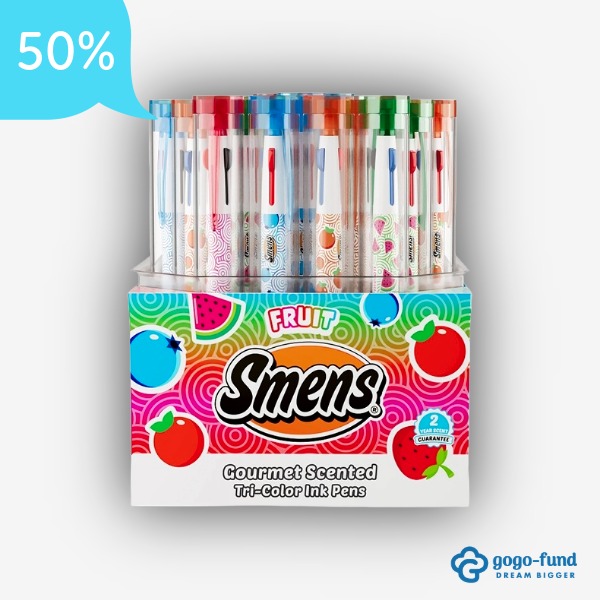 Fruit Tri‑Color Smens scented pens in a colorful display bucket, featuring vibrant fruit‑themed designs.