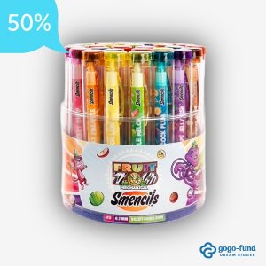 A display bucket filled with Fruit Zoo Mechanical Smencils, showing colorful animal‑themed, fruit‑scented mechanical pencils standing upright inside a branded container.