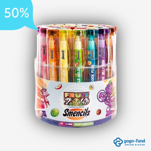 A display bucket filled with Fruit Zoo Mechanical Smencils, showing colorful animal‑themed, fruit‑scented mechanical pencils standing upright inside a branded container.