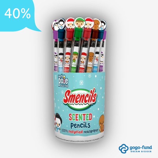 Holiday Smencils bucket with assorted scented pencils in festive Christmas designs