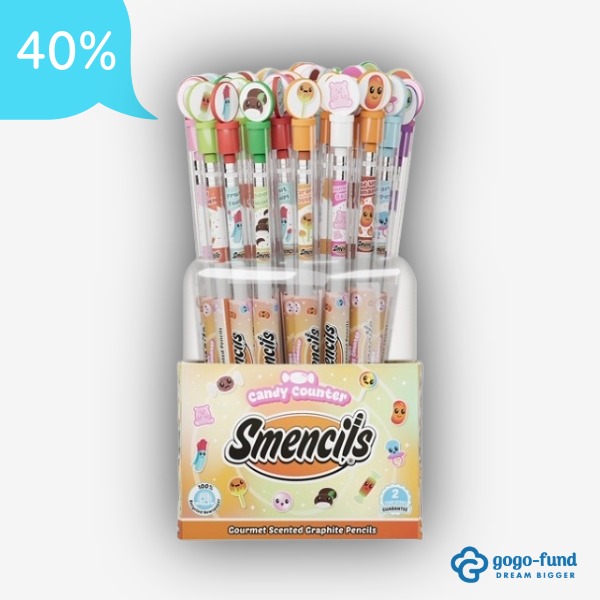 Candy Counter Smencils scented pencils displayed with bright candy-themed designs, packaged in a clear bucket for school fundraising and student rewards.