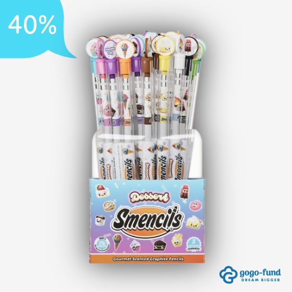 Dessert Smencils scented pencils in a clear bucket with colorful dessert-themed designs, perfect for school fundraising and student rewards.
