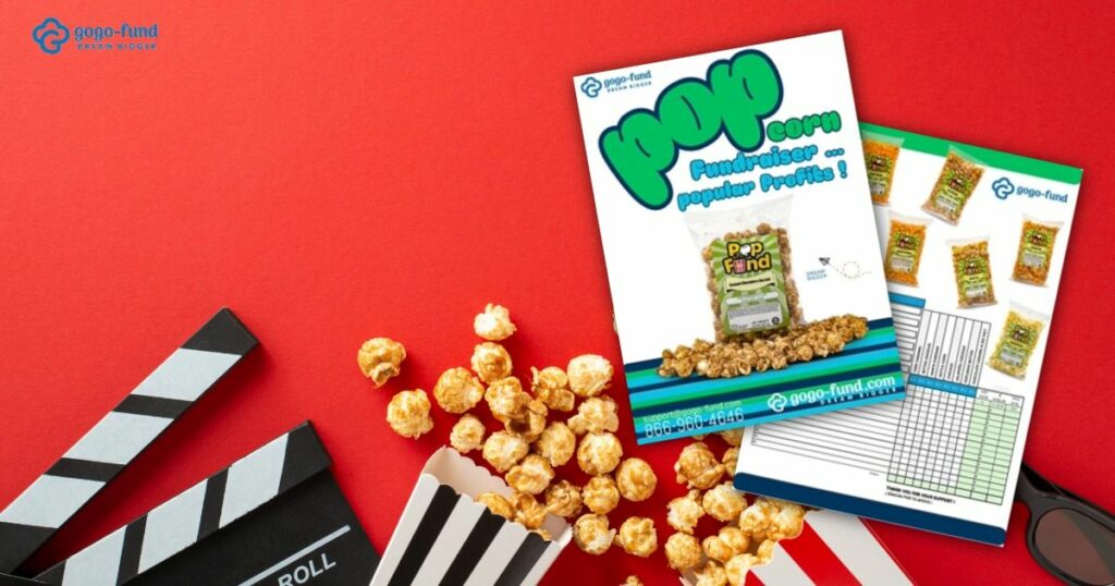 Gogo-Fund PopFund brochure featuring 8 gourmet popcorn flavors