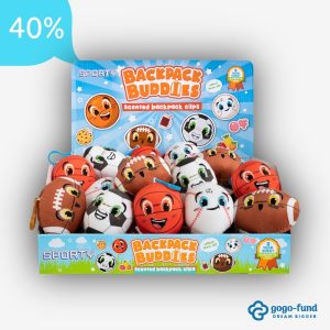 Display box filled with Sporty Backpack Buddies, showing multiple scented plush bag clips arranged upright inside a branded cardboard case.