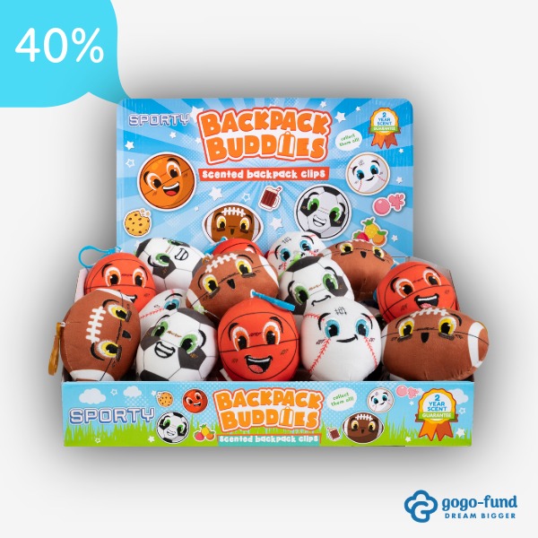 Display box filled with Sporty Backpack Buddies, showing multiple scented plush bag clips arranged upright inside a branded cardboard case.