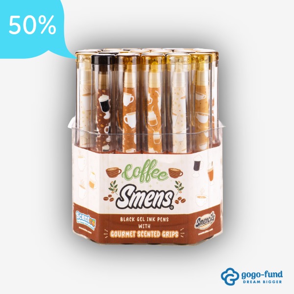 Cylinder of Coffee Smens scented pens displayed upright, featuring brown packaging and multiple coffee‑themed pens inside.
