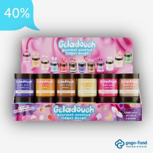 Display of Geladough Scented Dough containers arranged together, showing multiple scented dough options with mix-ins for sensory play.