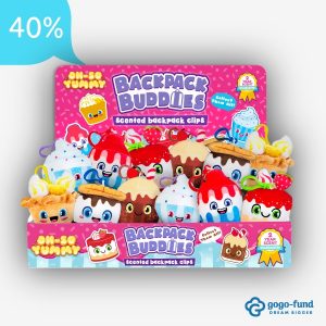 Adorable Oh-So Yummy Backpack Buddies display featuring colorful, scented plush clips arranged on a stand, showing their cute characters and durable backpack attachments.
