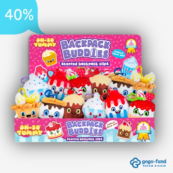 Adorable Oh-So Yummy Backpack Buddies display featuring colorful, scented plush clips arranged on a stand, showing their cute characters and durable backpack attachments.