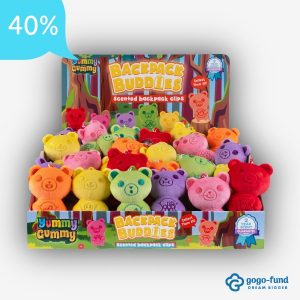 Display box filled with Yummy Gummy Backpack Buddies, showing multiple scented plush bag clips arranged upright inside a colorful branded case.